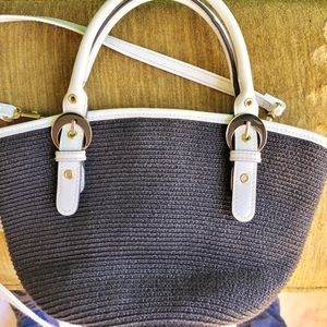 Summer Straw Woven Bag Very Cute Black and White Fabric Crossbody or Handles